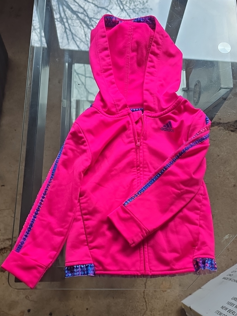 adidas Girls Neon Pink Hooded Zip Jacket with Purple Trim
